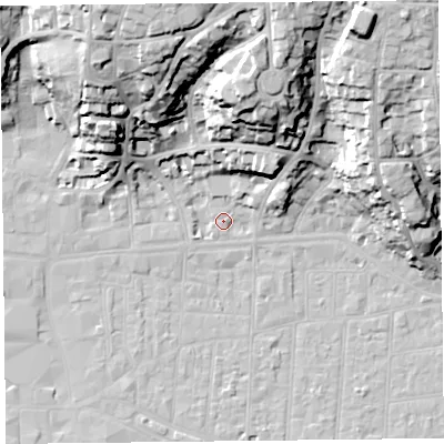 Shaded relief map of the ground around BS231PD, computed from Environment Agency LiDAR. The ground here sits at about 7 m above sea level and falls 39 m across the surrounding 800 m. Surface water reaching this point runs off ground lying to the north-north-east, 35.6 m higher.
