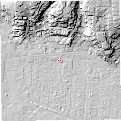 Shaded relief map of the ground around BS231PH, computed from Environment Agency LiDAR. The ground here sits at about 6 m above sea level and falls 35 m across the surrounding 800 m. Surface water reaching this point runs off ground lying to the north, 33.6 m higher.