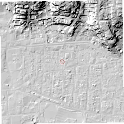 Shaded relief map of the ground around BS231PP, computed from Environment Agency LiDAR. The ground here sits at about 6 m above sea level and falls 32 m across the surrounding 800 m. Surface water reaching this point runs off ground lying to the north, 31.3 m higher.