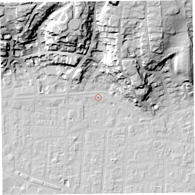 Shaded relief map of the ground around BS231PQ, computed from Environment Agency LiDAR. The ground here sits at about 6 m above sea level and falls 39 m across the surrounding 800 m. The ground contributing surface water to this point lies to the west.