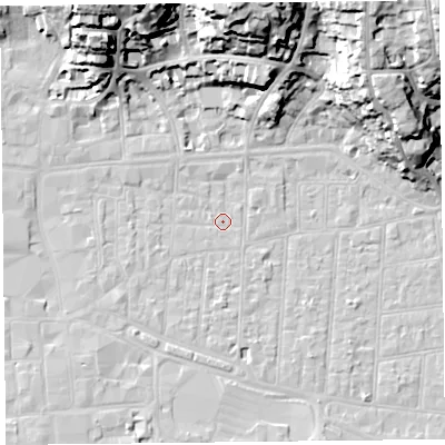 Shaded relief map of the ground around BS231PR, computed from Environment Agency LiDAR. The ground here sits at about 6 m above sea level and falls 32 m across the surrounding 800 m. Surface water reaching this point runs off ground lying to the north-north-west, 25.5 m higher.