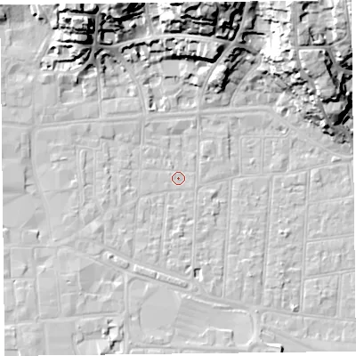 Shaded relief map of the ground around BS231PS, computed from Environment Agency LiDAR. The ground here sits at about 6 m above sea level and falls 30 m across the surrounding 800 m. Surface water reaching this point runs off ground lying to the north-north-west, 22.5 m higher.