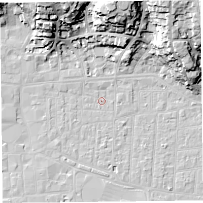 Shaded relief map of the ground around BS231PT, computed from Environment Agency LiDAR. The ground here sits at about 6 m above sea level and falls 33 m across the surrounding 800 m. Surface water reaching this point runs off ground lying to the north-north-west, 27.4 m higher.