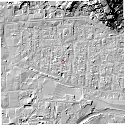 Shaded relief map of the ground around BS231PU, computed from Environment Agency LiDAR. The ground here sits at about 6 m above sea level and falls 23 m across the surrounding 800 m. Surface water reaching this point runs off ground lying to the south-west, 1.3 m higher.