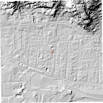 Shaded relief map of the ground around BS231PW, computed from Environment Agency LiDAR. The ground here sits at about 6 m above sea level and falls 27 m across the surrounding 800 m. Surface water reaching this point runs off ground lying to the south, 0.9 m higher.