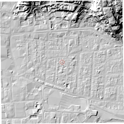 Shaded relief map of the ground around BS231PX, computed from Environment Agency LiDAR. The ground here sits at about 6 m above sea level and falls 27 m across the surrounding 800 m. Surface water reaching this point runs off ground lying to the west-south-west, 1.9 m higher.