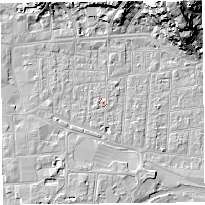 Shaded relief map of the ground around BS231PZ, computed from Environment Agency LiDAR. The ground here sits at about 6 m above sea level and falls 23 m across the surrounding 800 m. Surface water reaching this point runs off ground lying to the south-south-west, 1.7 m higher.