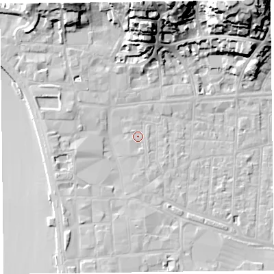 Shaded relief map of the ground around BS231QF, computed from Environment Agency LiDAR. The ground here sits at about 7 m above sea level and falls 34 m across the surrounding 800 m. Surface water reaching this point runs off ground lying to the south, 0.7 m higher.