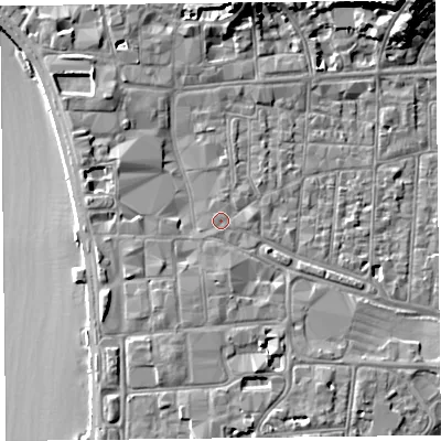 Shaded relief map of the ground around BS231QG, computed from Environment Agency LiDAR. The ground here sits at about 8 m above sea level and falls 16 m across the surrounding 800 m. Surface water reaching this point runs off ground lying to the south-west, 0.8 m higher.
