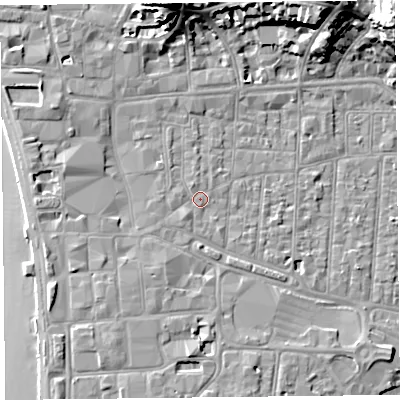 Shaded relief map of the ground around BS231QH, computed from Environment Agency LiDAR. The ground here sits at about 7 m above sea level and falls 21 m across the surrounding 800 m. Surface water reaching this point runs off ground lying to the west-south-west, 1.3 m higher.