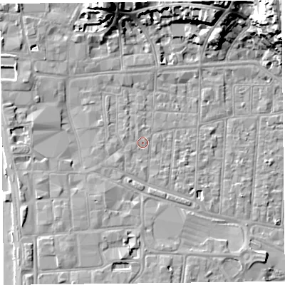 Shaded relief map of the ground around BS231QJ, computed from Environment Agency LiDAR. The ground here sits at about 7 m above sea level and falls 25 m across the surrounding 800 m. Surface water reaching this point runs off ground lying to the west-south-west, 1.7 m higher.
