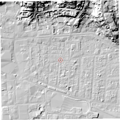 Shaded relief map of the ground around BS231QL, computed from Environment Agency LiDAR. The ground here sits at about 6 m above sea level and falls 29 m across the surrounding 800 m. Surface water reaching this point runs off ground lying to the west-south-west, 2.5 m higher.