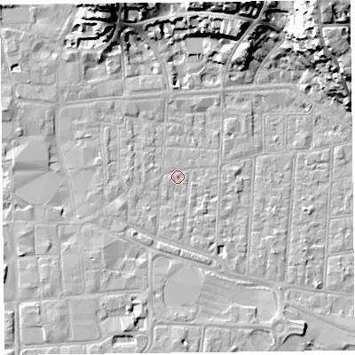 Shaded relief map of the ground around BS231QN, computed from Environment Agency LiDAR. The ground here sits at about 6 m above sea level and falls 26 m across the surrounding 800 m. Surface water reaching this point runs off ground lying to the west-south-west, 2.5 m higher.