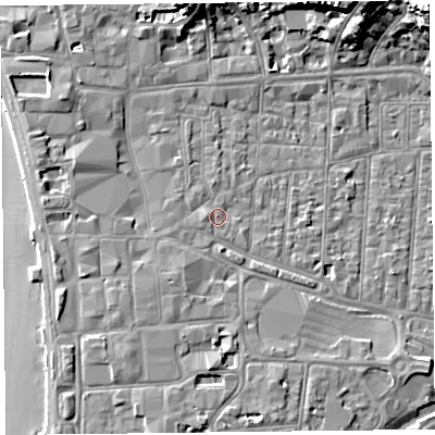 Shaded relief map of the ground around BS231QP, computed from Environment Agency LiDAR. The ground here sits at about 7 m above sea level and falls 19 m across the surrounding 800 m. Surface water reaching this point runs off ground lying to the south-south-east, 0.8 m higher.