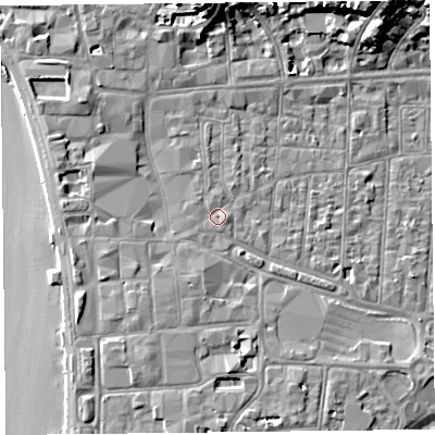 Shaded relief map of the ground around BS231QQ, computed from Environment Agency LiDAR. The ground here sits at about 8 m above sea level and falls 16 m across the surrounding 800 m. Surface water reaching this point runs off ground lying to the west-south-west, 1.1 m higher.