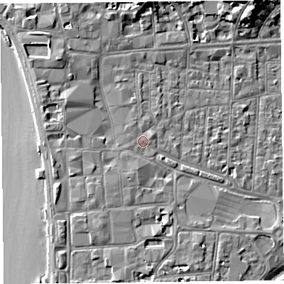 Shaded relief map of the ground around BS231QS, computed from Environment Agency LiDAR. The ground here sits at about 8 m above sea level and falls 15 m across the surrounding 800 m. Surface water reaching this point runs off ground lying to the south-south-west, 1.6 m higher.