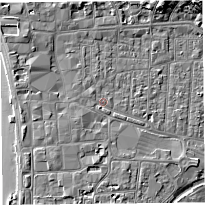 Shaded relief map of the ground around BS231QT, computed from Environment Agency LiDAR. The ground here sits at about 8 m above sea level and falls 17 m across the surrounding 800 m. Surface water reaching this point runs off ground lying to the south-west, 1.9 m higher.