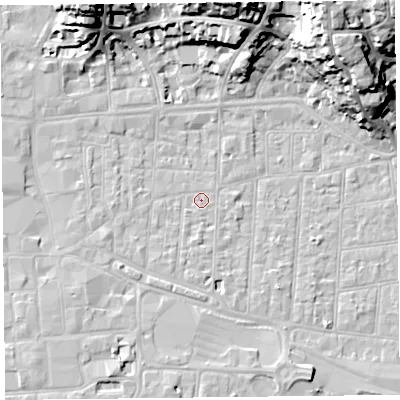 Shaded relief map of the ground around BS231QW, computed from Environment Agency LiDAR. The ground here sits at about 6 m above sea level and falls 28 m across the surrounding 800 m. Surface water reaching this point runs off ground lying to the west-south-west, 2.5 m higher.