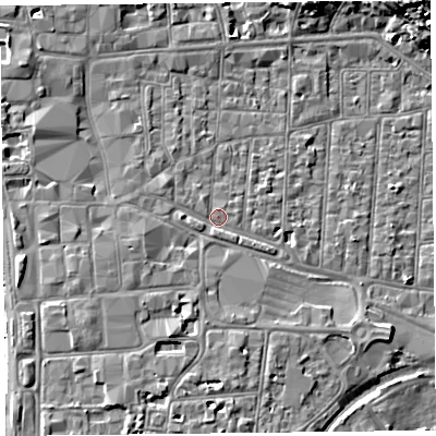 Shaded relief map of the ground around BS231QX, computed from Environment Agency LiDAR. The ground here sits at about 7 m above sea level and falls 19 m across the surrounding 800 m. Surface water reaching this point runs off ground lying to the west-south-west, 2.1 m higher.