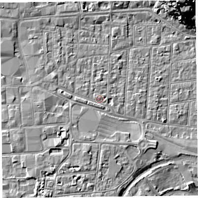 Shaded relief map of the ground around BS231QZ, computed from Environment Agency LiDAR. The ground here sits at about 7 m above sea level and falls 20 m across the surrounding 800 m. Surface water reaching this point runs off ground lying to the west, 2.4 m higher.