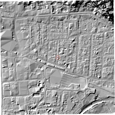 Shaded relief map of the ground around BS231RB, computed from Environment Agency LiDAR. The ground here sits at about 7 m above sea level and falls 22 m across the surrounding 800 m. Surface water reaching this point runs off ground lying to the west-south-west, 0.9 m higher.