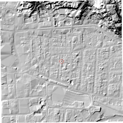 Shaded relief map of the ground around BS231RD, computed from Environment Agency LiDAR. The ground here sits at about 6 m above sea level and falls 25 m across the surrounding 800 m. Surface water reaching this point runs off ground lying to the west-south-west, 1.8 m higher.