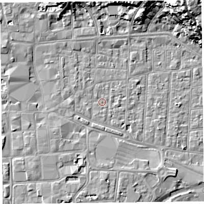 Shaded relief map of the ground around BS231RE, computed from Environment Agency LiDAR. The ground here sits at about 7 m above sea level and falls 23 m across the surrounding 800 m. Surface water reaching this point runs off ground lying to the west-south-west, 1.3 m higher.