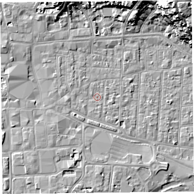 Shaded relief map of the ground around BS231RF, computed from Environment Agency LiDAR. The ground here sits at about 6 m above sea level and falls 23 m across the surrounding 800 m. Surface water reaching this point runs off ground lying to the west-south-west, 1.5 m higher.