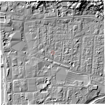 Shaded relief map of the ground around BS231RG, computed from Environment Agency LiDAR. The ground here sits at about 7 m above sea level and falls 23 m across the surrounding 800 m. Surface water reaching this point runs off ground lying to the west-south-west, 1.1 m higher.