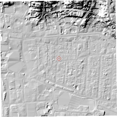 Shaded relief map of the ground around BS231RH, computed from Environment Agency LiDAR. The ground here sits at about 6 m above sea level and falls 28 m across the surrounding 800 m. Surface water reaching this point runs off ground lying to the south-west, 2.2 m higher.