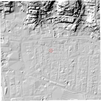 Shaded relief map of the ground around BS231RJ, computed from Environment Agency LiDAR. The ground here sits at about 6 m above sea level and falls 33 m across the surrounding 800 m. Surface water reaching this point runs off ground lying to the north, 27.0 m higher.