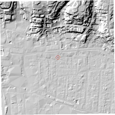 Shaded relief map of the ground around BS231RL, computed from Environment Agency LiDAR. The ground here sits at about 6 m above sea level and falls 34 m across the surrounding 800 m. Surface water reaching this point runs off ground lying to the north, 31.7 m higher.