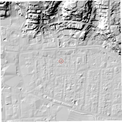 Shaded relief map of the ground around BS231RN, computed from Environment Agency LiDAR. The ground here sits at about 6 m above sea level and falls 33 m across the surrounding 800 m. Surface water reaching this point runs off ground lying to the north-north-west, 29.1 m higher.