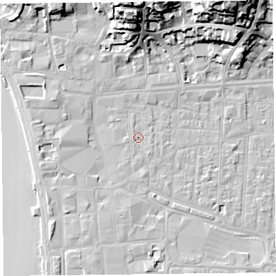 Shaded relief map of the ground around BS231RP, computed from Environment Agency LiDAR. The ground here sits at about 7 m above sea level and falls 30 m across the surrounding 800 m. Surface water reaching this point runs off ground lying to the south-south-west, 1.1 m higher.
