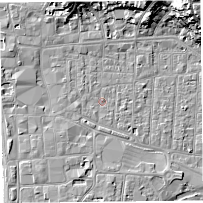 Shaded relief map of the ground around BS231RQ, computed from Environment Agency LiDAR. The ground here sits at about 7 m above sea level and falls 24 m across the surrounding 800 m. Surface water reaching this point runs off ground lying to the south-west, 1.3 m higher.