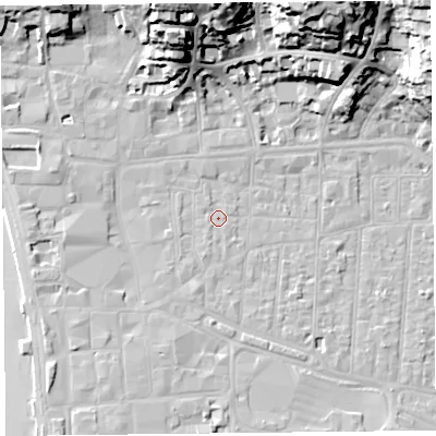 Shaded relief map of the ground around BS231RS, computed from Environment Agency LiDAR. The ground here sits at about 7 m above sea level and falls 32 m across the surrounding 800 m. Surface water reaching this point runs off ground lying to the south-south-west, 1.1 m higher.