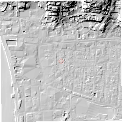 Shaded relief map of the ground around BS231RT, computed from Environment Agency LiDAR. The ground here sits at about 7 m above sea level and falls 31 m across the surrounding 800 m. Surface water reaching this point runs off ground lying to the south-south-west, 1.2 m higher.