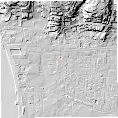 Shaded relief map of the ground around BS231RU, computed from Environment Agency LiDAR. The ground here sits at about 7 m above sea level and falls 35 m across the surrounding 800 m. Surface water reaching this point runs off ground lying to the west, 3.5 m higher.