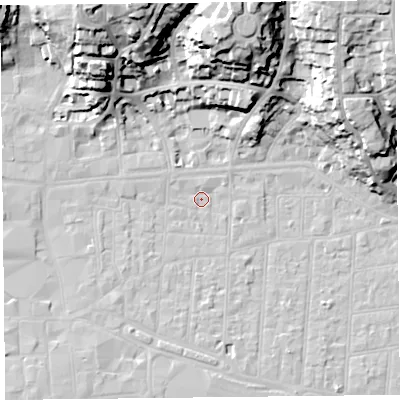 Shaded relief map of the ground around BS231RW, computed from Environment Agency LiDAR. The ground here sits at about 6 m above sea level and falls 34 m across the surrounding 800 m. Surface water reaching this point runs off ground lying to the north-west, 1.2 m higher.