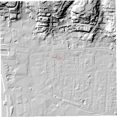 Shaded relief map of the ground around BS231RY, computed from Environment Agency LiDAR. The ground here sits at about 6 m above sea level and falls 34 m across the surrounding 800 m. Surface water reaching this point runs off ground lying to the north, 30.7 m higher.