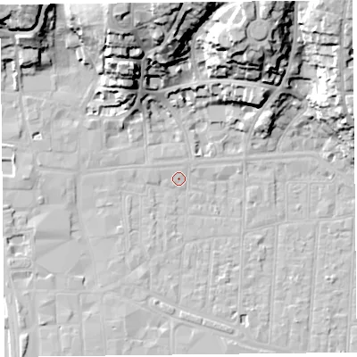Shaded relief map of the ground around BS231RZ, computed from Environment Agency LiDAR. The ground here sits at about 7 m above sea level and falls 34 m across the surrounding 800 m. Surface water reaching this point runs off ground lying to the west-north-west, 1.0 m higher.