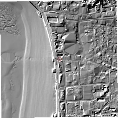 Shaded relief map of the ground around BS231SE, computed from Environment Agency LiDAR. The ground here sits at about 8 m above sea level and falls 10 m across the surrounding 800 m. Surface water reaching this point runs off ground lying to the north-north-east, 1.2 m higher.