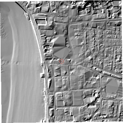 Shaded relief map of the ground around BS231SF, computed from Environment Agency LiDAR. The ground here sits at about 9 m above sea level and falls 11 m across the surrounding 800 m. Surface water reaching this point runs off ground lying to the west-north-west, 0.5 m higher.