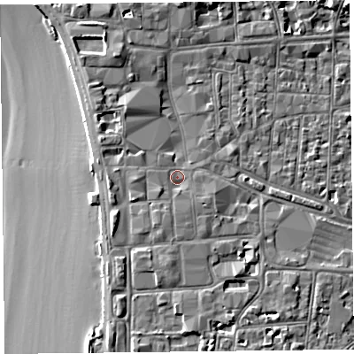 Shaded relief map of the ground around BS231SJ, computed from Environment Agency LiDAR. The ground here sits at about 8 m above sea level and falls 10 m across the surrounding 800 m. Surface water reaching this point runs off ground lying to the south-west, 1.1 m higher.