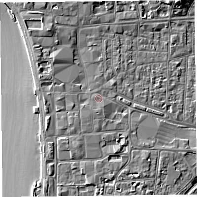 Shaded relief map of the ground around BS231SL, computed from Environment Agency LiDAR. The ground here sits at about 8 m above sea level and falls 10 m across the surrounding 800 m. Surface water reaching this point runs off ground lying to the south, 1.4 m higher.