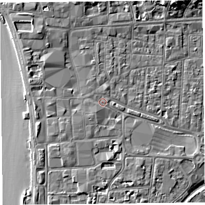 Shaded relief map of the ground around BS231SP, computed from Environment Agency LiDAR. The ground here sits at about 8 m above sea level and falls 9 m across the surrounding 800 m. Surface water reaching this point runs off ground lying to the south-west, 1.6 m higher.