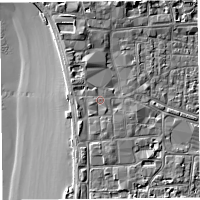 Shaded relief map of the ground around BS231SQ, computed from Environment Agency LiDAR. The ground here sits at about 9 m above sea level and falls 9 m across the surrounding 800 m. Surface water reaching this point runs off ground lying to the west-south-west, 0.6 m higher.