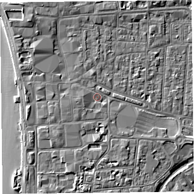 Shaded relief map of the ground around BS231SR, computed from Environment Agency LiDAR. The ground here sits at about 8 m above sea level and falls 5 m across the surrounding 800 m. Surface water reaching this point runs off ground lying to the south, 2.9 m higher.