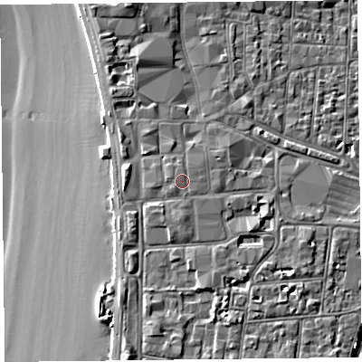 Shaded relief map of the ground around BS231ST, computed from Environment Agency LiDAR. The ground here sits at about 9 m above sea level and falls 8 m across the surrounding 800 m. The ground contributing surface water to this point lies to the west.