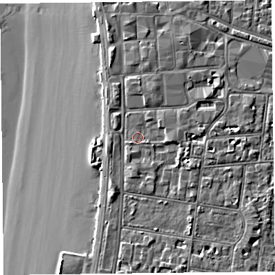 Shaded relief map of the ground around BS231SW, computed from Environment Agency LiDAR. The ground here sits at about 8 m above sea level and falls 9 m across the surrounding 800 m. Surface water reaching this point runs off ground lying to the east, 1.4 m higher.